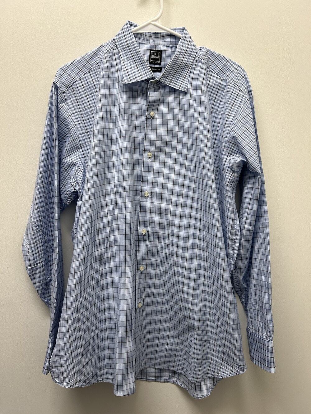 IKE BEHAR Blue White Black Plaid 100% Cotton Long Sleeve Shirt Size 16.5 32/33
